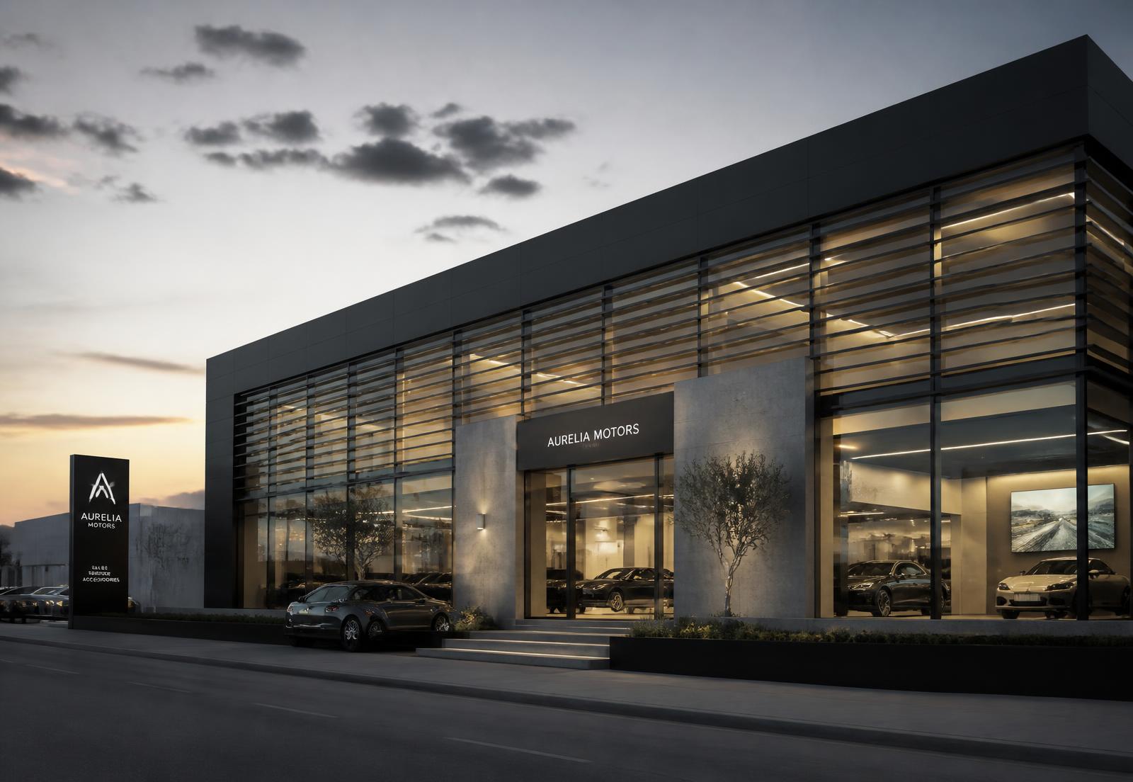 Premium dealershowroom bij schemering — waar de online zoektocht lokaal eindigt